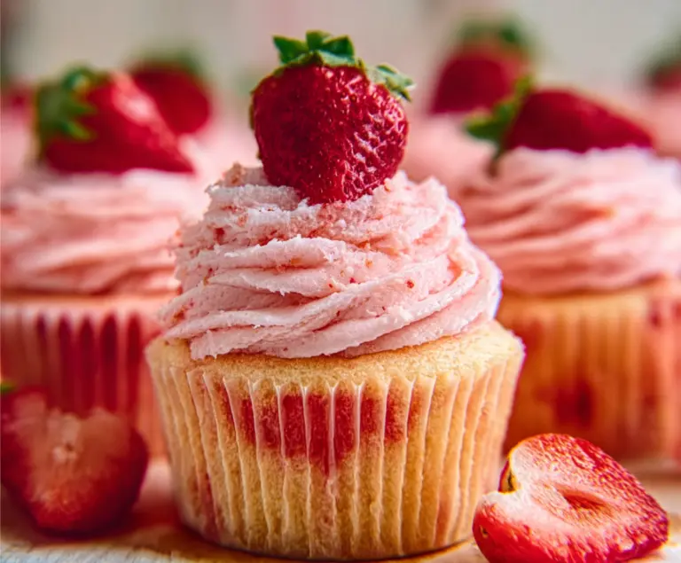 Delicious strawberry cupcakes topped with fresh strawberries and creamy icing.