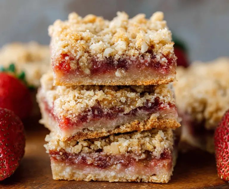 Delicious strawberry rhubarb crumble bars with a golden crust and vibrant fruit filling.