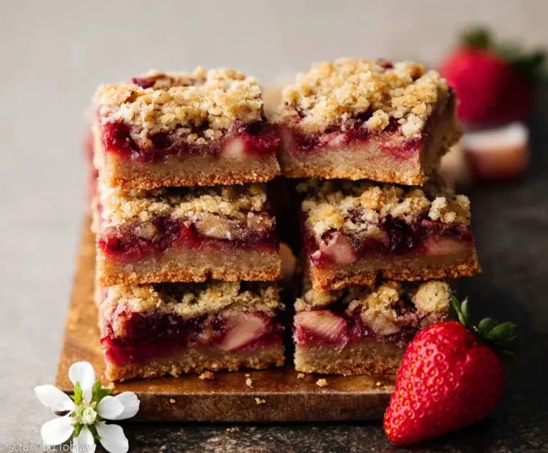 Delicious Strawberry Rhubarb Crumble Bars with a golden crust and fruity topping