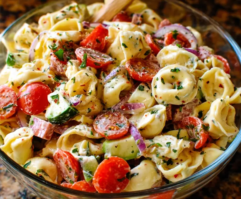 Colorful tortellini pasta salad with fresh vegetables and herbs in a glass bowl.