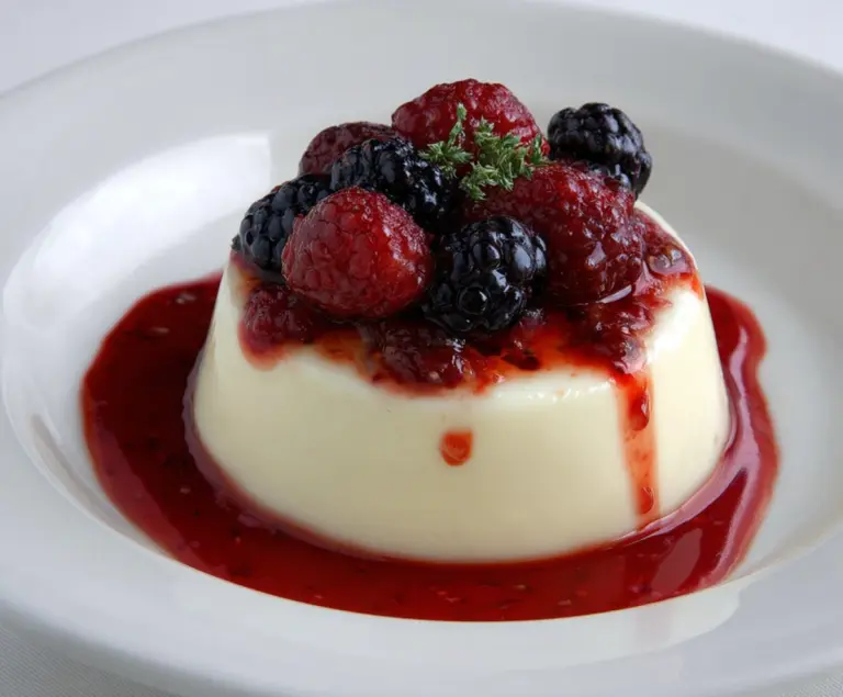 Creamy vanilla bean panna cotta topped with fresh berry compote on a elegant dessert plate.