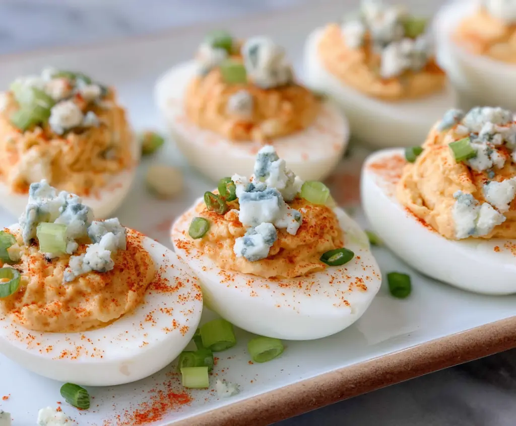 Buffalo Blue Cheese Deviled Eggs with spicy buffalo sauce and creamy blue cheese filling