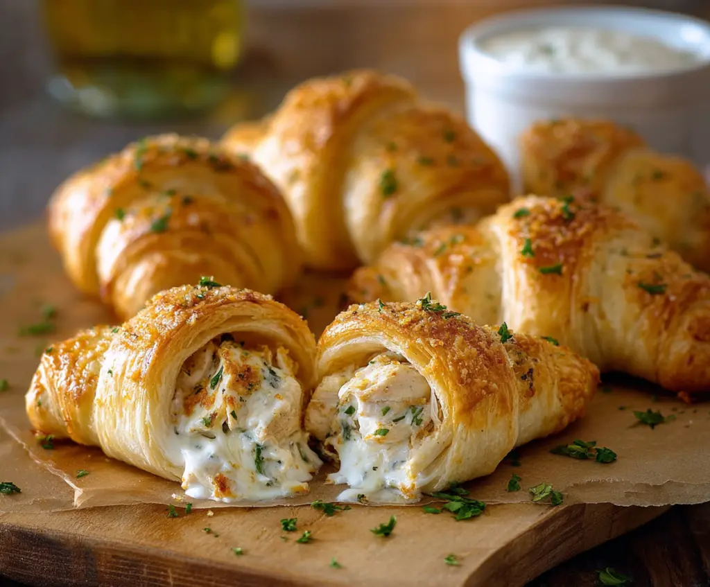 Delicious Chicken Alfredo Stuffed Crescents hot from the oven, showcasing flaky pastry filled with creamy chicken Alfredo filling.