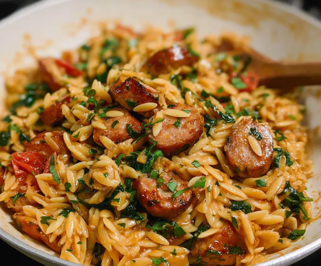 Delicious Chicken Sausage Orzo dish with herbs and vegetables on a plate.