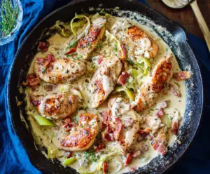 Creamy pepperoncini chicken skillet in a cast iron pan garnished with fresh herbs.