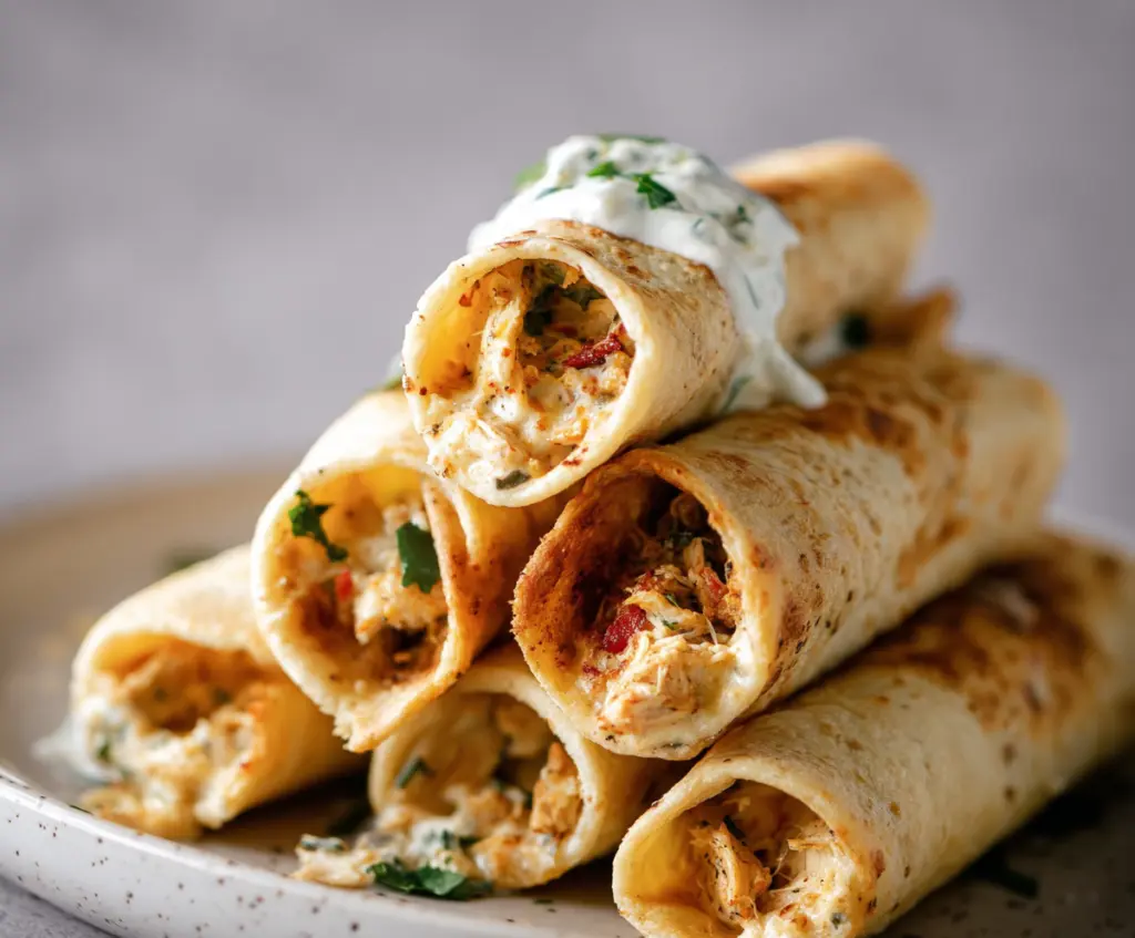 Crispy Dill Pickle Ranch Chicken Taquitos served on a plate, garnished with fresh herbs, perfect for a savory snack or appetizer.