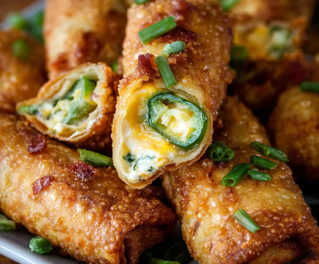 Crispy mini jalapeno popper egg rolls filled with cheese and spicy jalapenos, perfect as finger food appetizer.