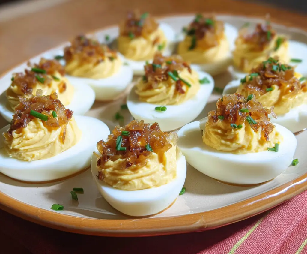 Delicious French Onion Deviled Eggs garnished with herbs on a white plate
