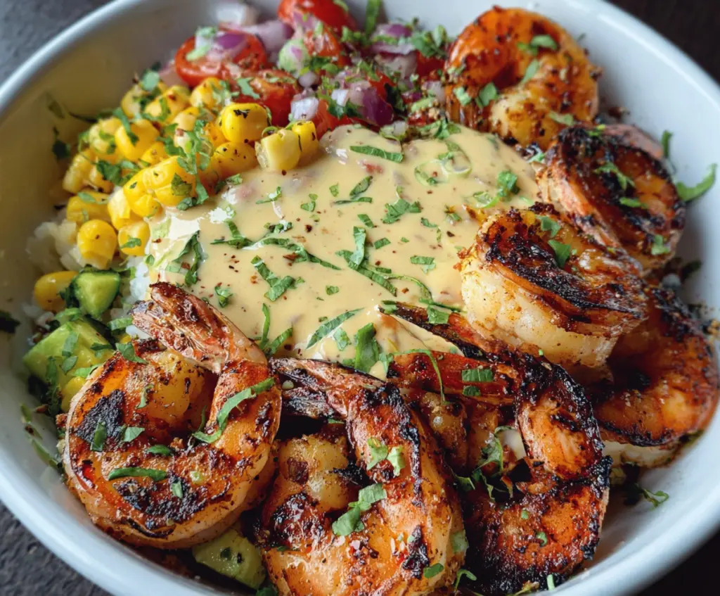 Delicious grilled shrimp bowl topped with creamy garlic sauce, perfect for seafood lovers.