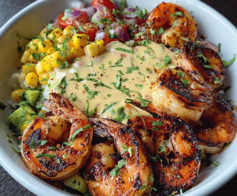 Delicious grilled shrimp bowl topped with creamy garlic sauce, perfect for seafood lovers.