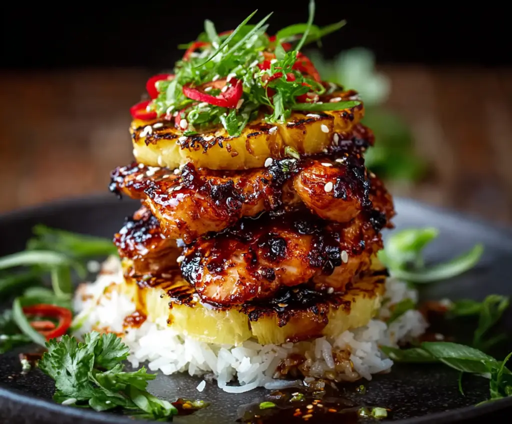 Delicious Hawaiian Huli Huli Chicken Stack with grilled pineapple and fresh herbs.