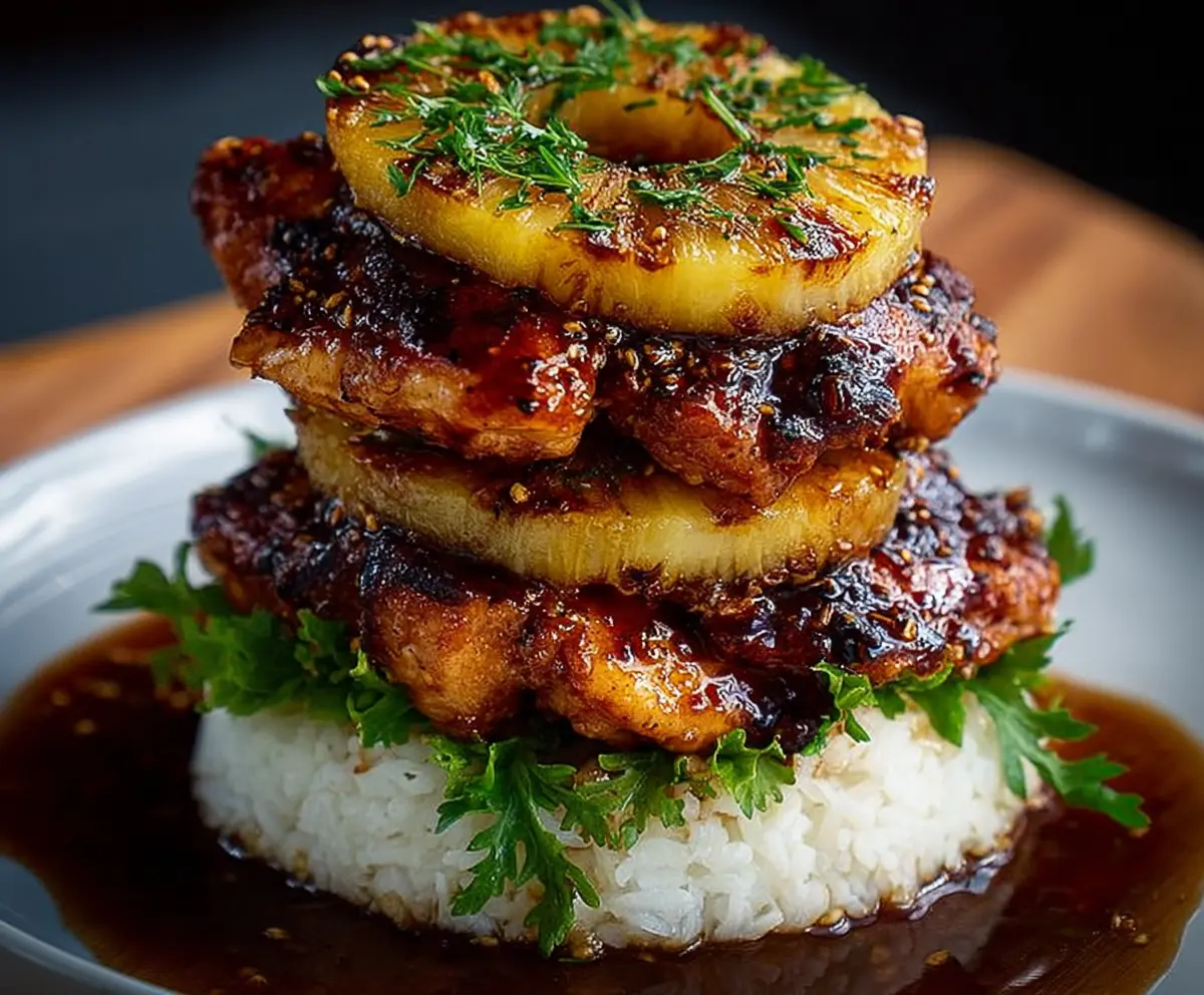 Easy Hawaiian Huli Huli Chicken Stack