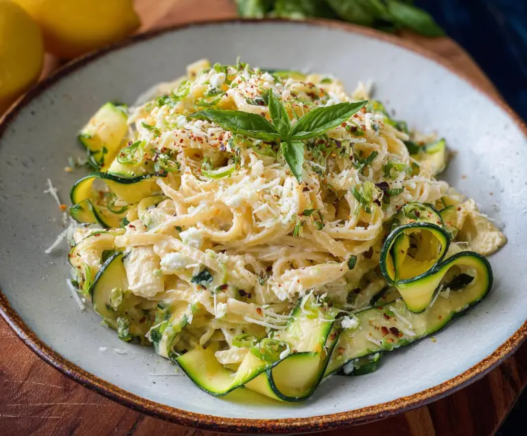 Delicious Lemon Ricotta Pasta with Fresh Zucchini Ribbons, garnished with herbs for a vibrant summer meal