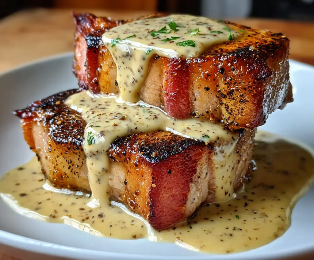 Succulent Maple Bacon Pork Chops topped with a rich Dijon mustard cream sauce, served with fresh herbs.