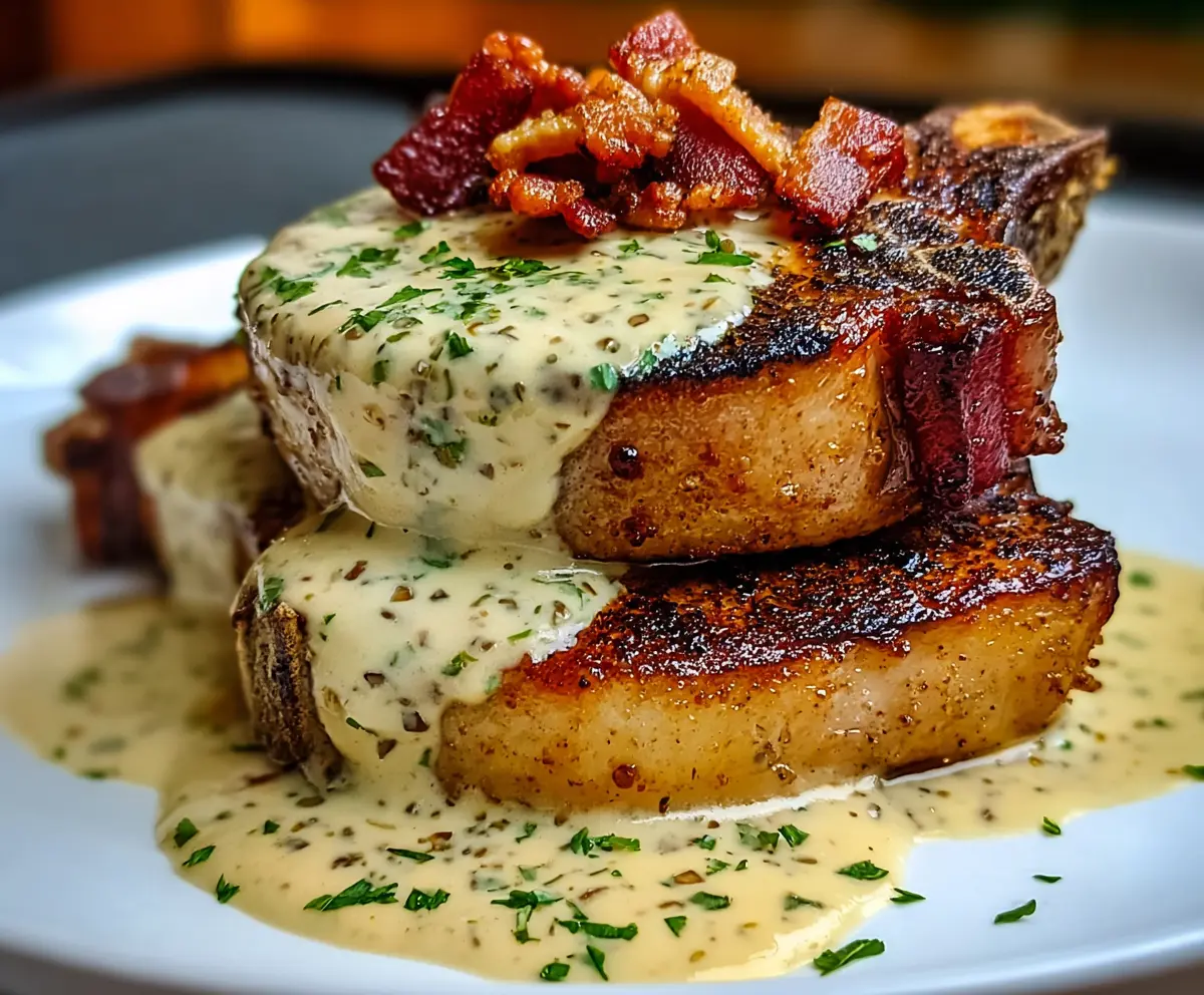Maple Bacon Pork Chops with Creamy Mustard Sauce