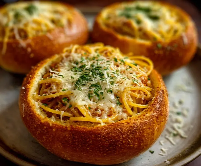 Delicious spaghetti garlic bread bowls with melted cheese and fresh herbs.