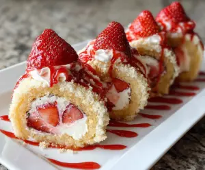 Delicious Strawberry Shortcake Cheesecake Sushi Rolls with fresh strawberries and creamy cheesecake filling.